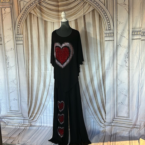 Two piece pant set rhinestone heart red and pink a conversation piece for sure. - Picture 1 of 7